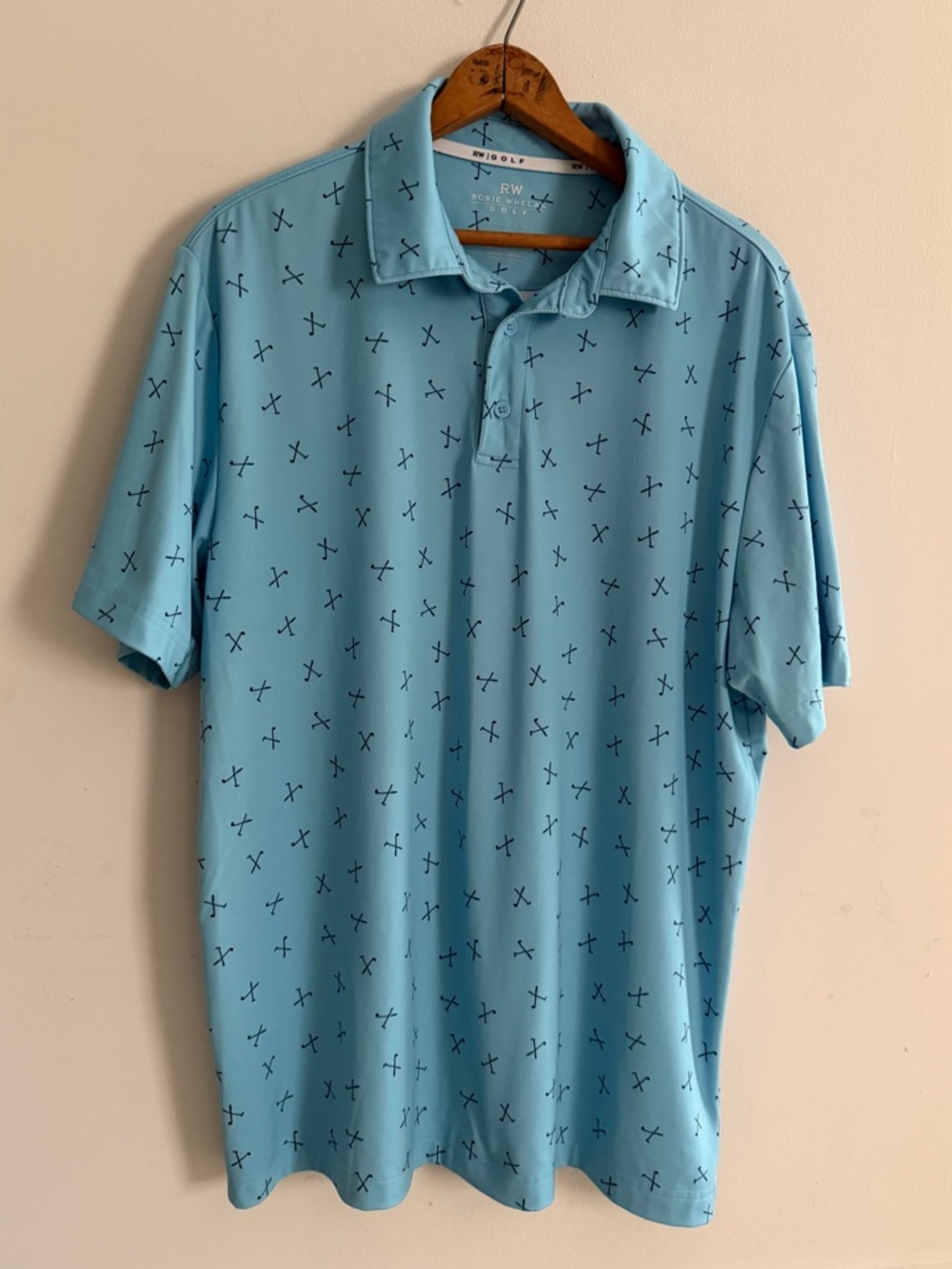 Rorie Whelan Blue Golf Club Print Polo Shirt Mens L AOP Performance Preppy Wild